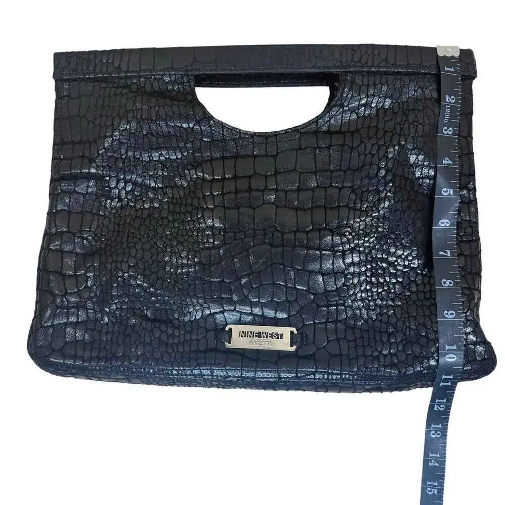 Nine West Clutch Women’s Black Faux Crocodile Cutout Handle Evening Purse